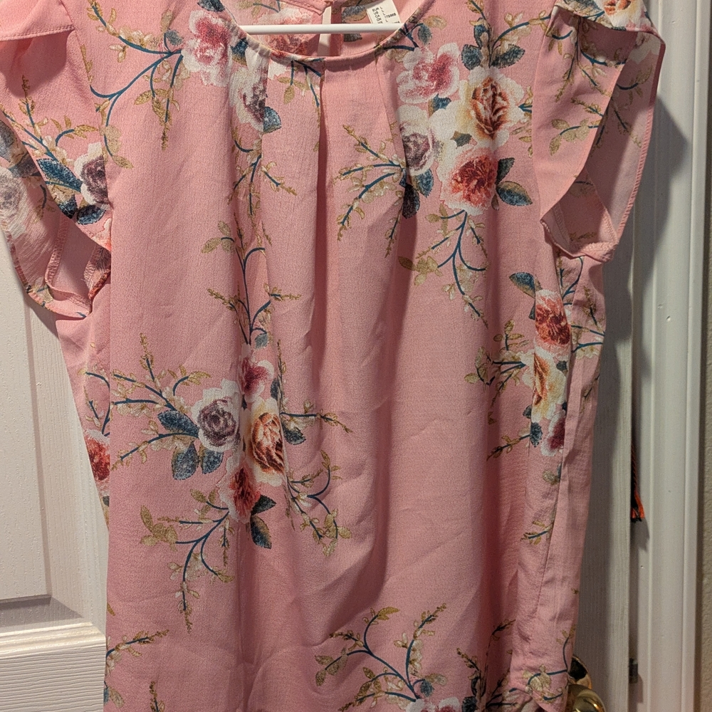 Floral Pink Blouse with Ruffle Sleeves
